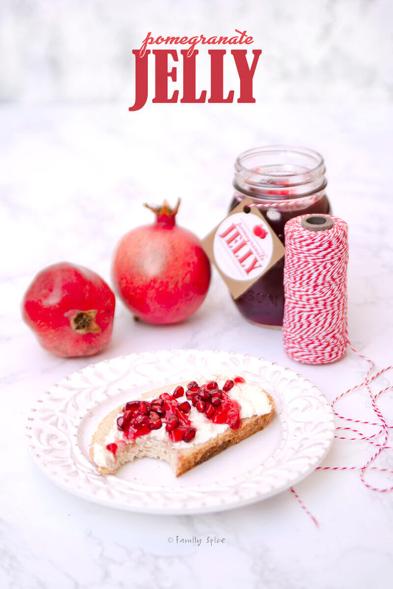 Pomegranate jelly spread on toast with free label printable by FamilySpice.com