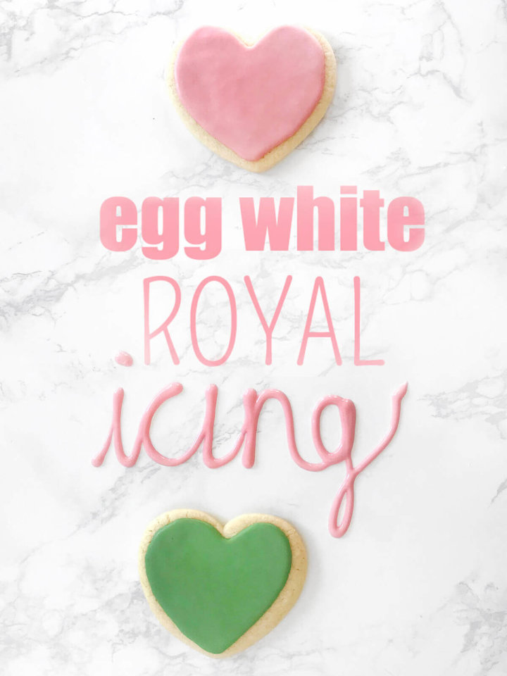 Two heart sugar cookies and words saying "egg white royal icing"