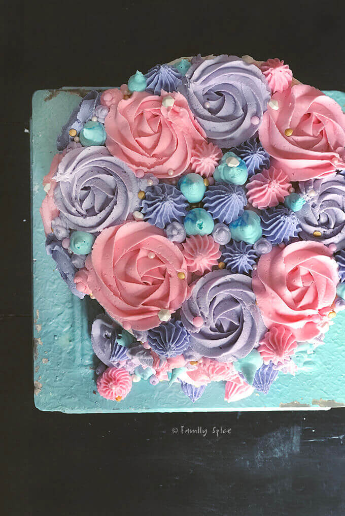 Top view of pink, purple and blue swirls for unicorn cake by FamilySpice.com