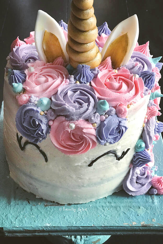Top front view of pink, purple and blue swirls for unicorn cake by FamilySpice.com