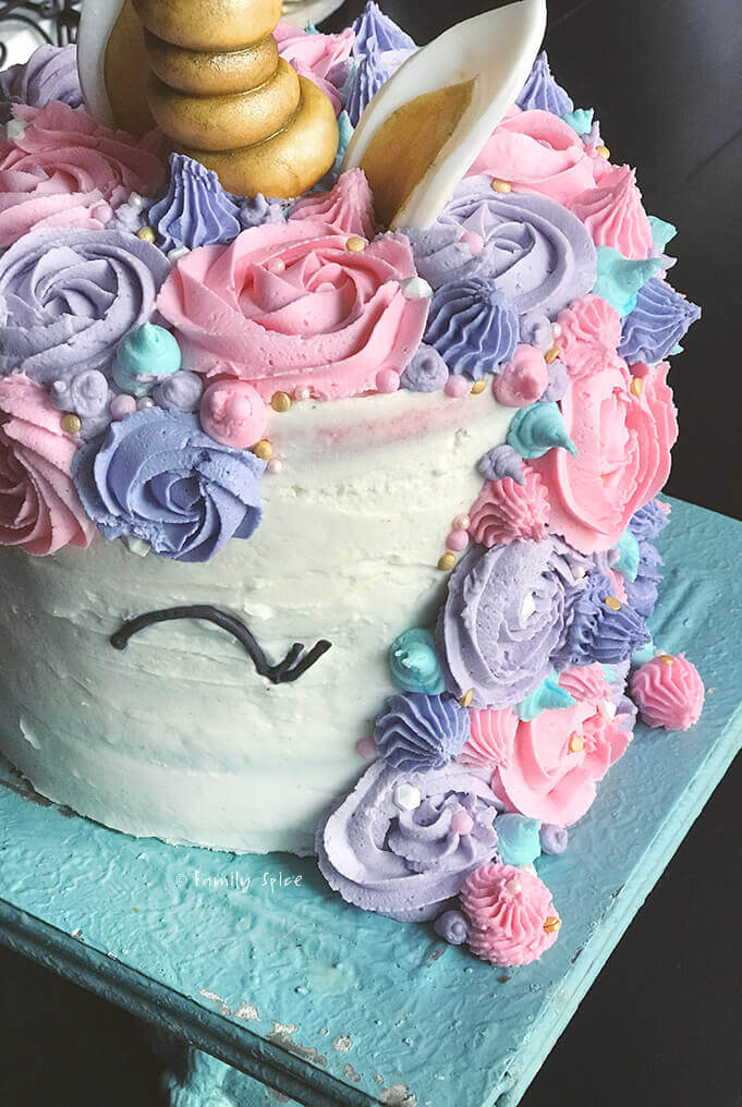 Top side view of pink, purple and blue swirls for unicorn cake by FamilySpice.com