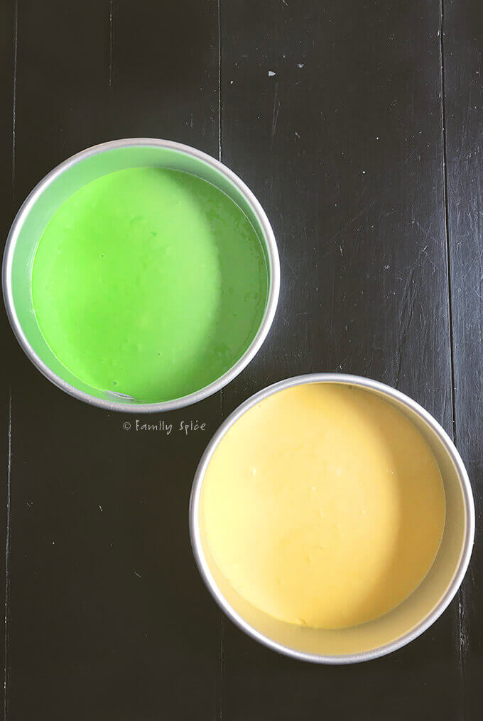Green and yellow cake layers for rainbow unicorn cake by FamilySpice.com