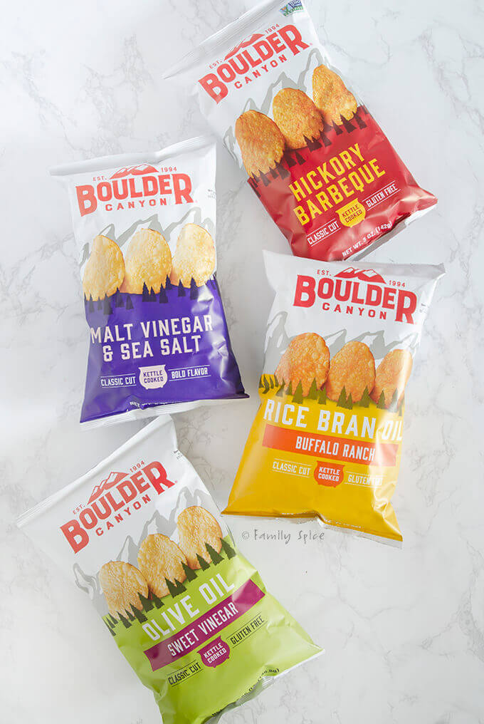 Overhead shot of assorted flavors of Boulder Canyon Potato Chips by FamilySpice.com