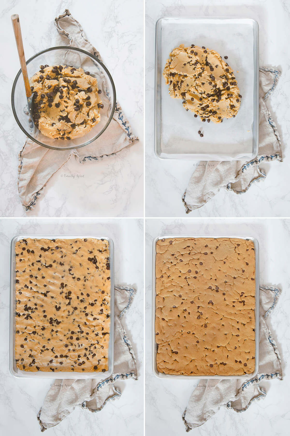Collage of four images showing how to make chocolate chip cookie bars.