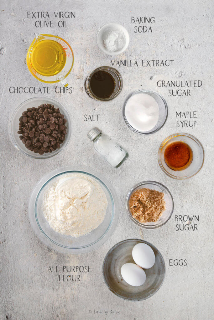 Ingredients labeled and needed to make chocolate chip cookie bars