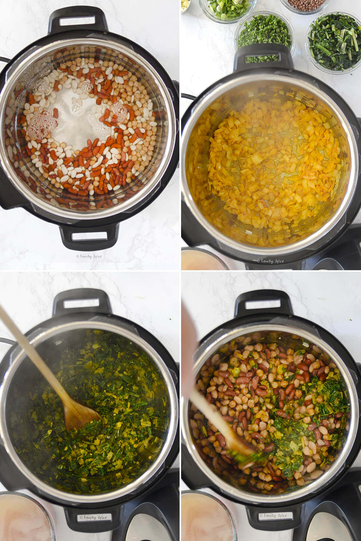 Collage of four photos showing how to cook beans and sauté vegetables to make ash reshteh in the instant pot.