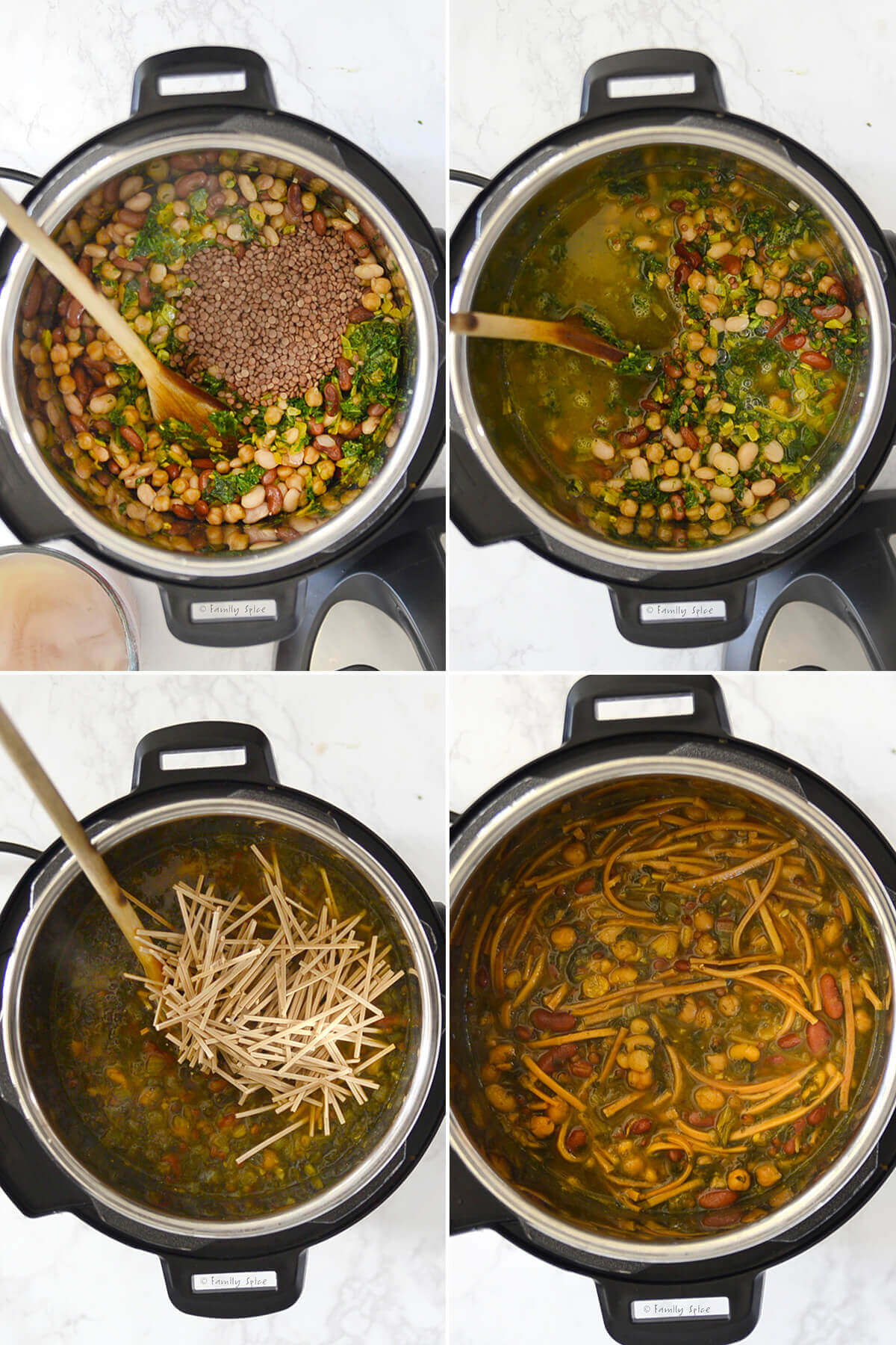 Collage of four photos showing how to add beans, broth and noodles to make ash reshteh in the instant pot.
