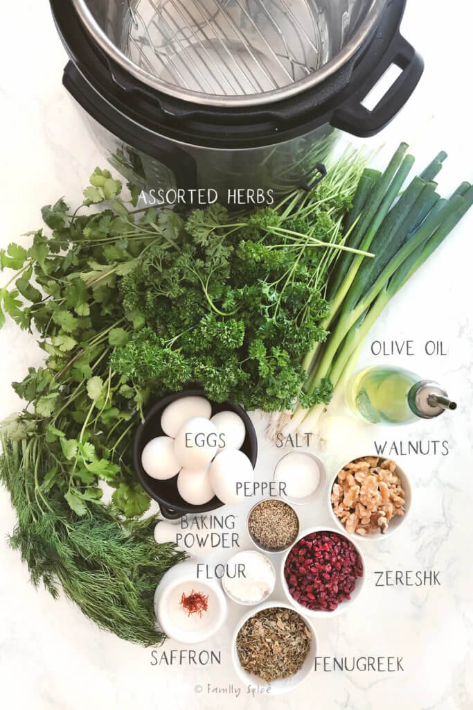 Ingredients labeled and needed for kuku sabzi