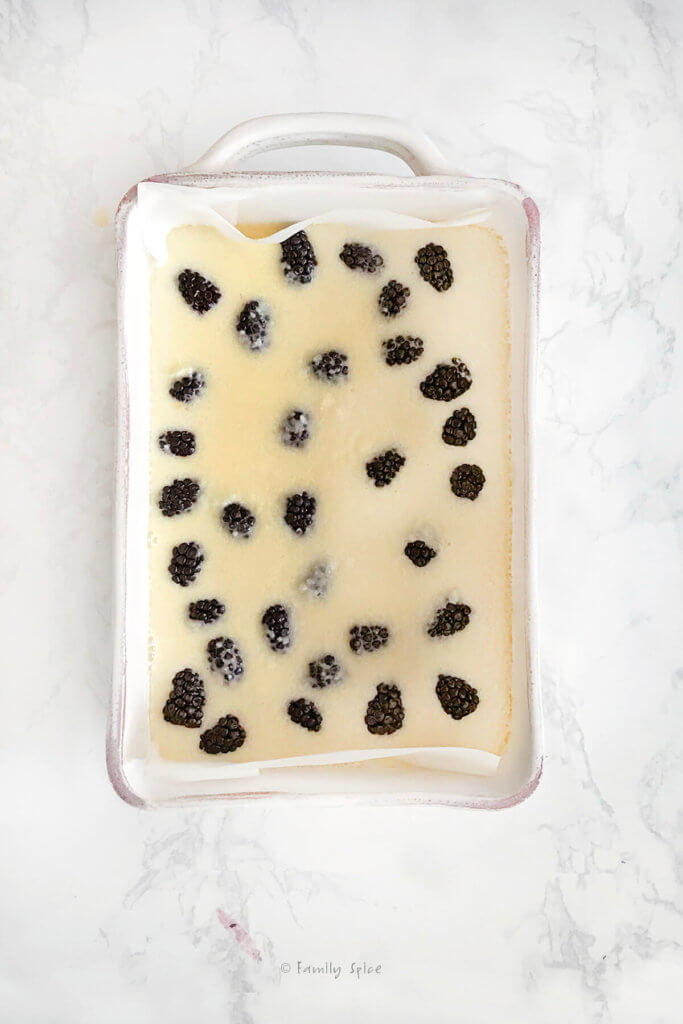 Blackberries immersed in custard batter to make custard bars