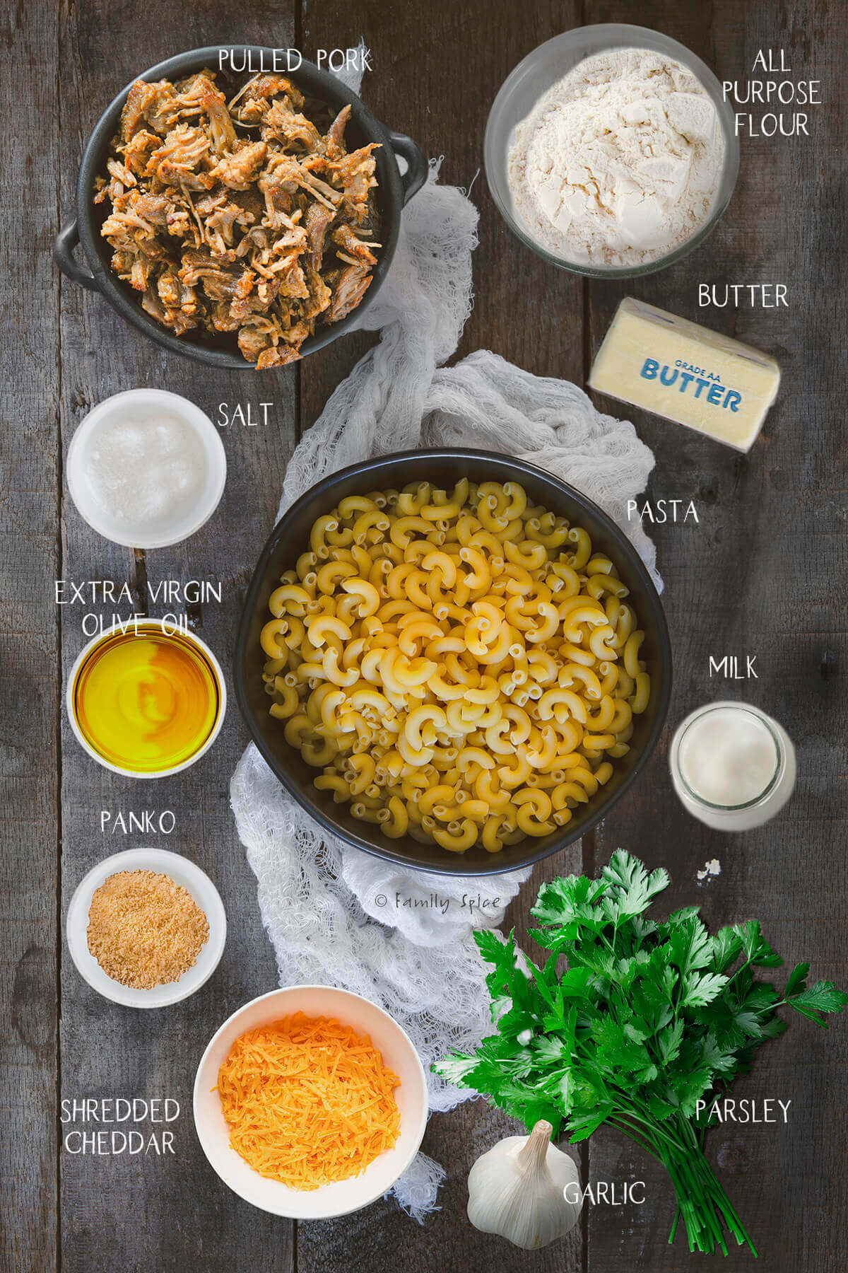 Ingredients labeled and needed to make pulled pork mac and cheese