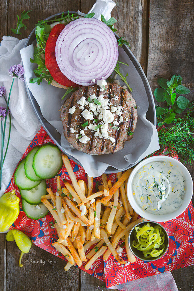 Closeup of Lamb Burger with Feta and French Fries
