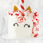 A chocolate peppermint unicorn cake with a slice of cake next to it by FamilySpice.com