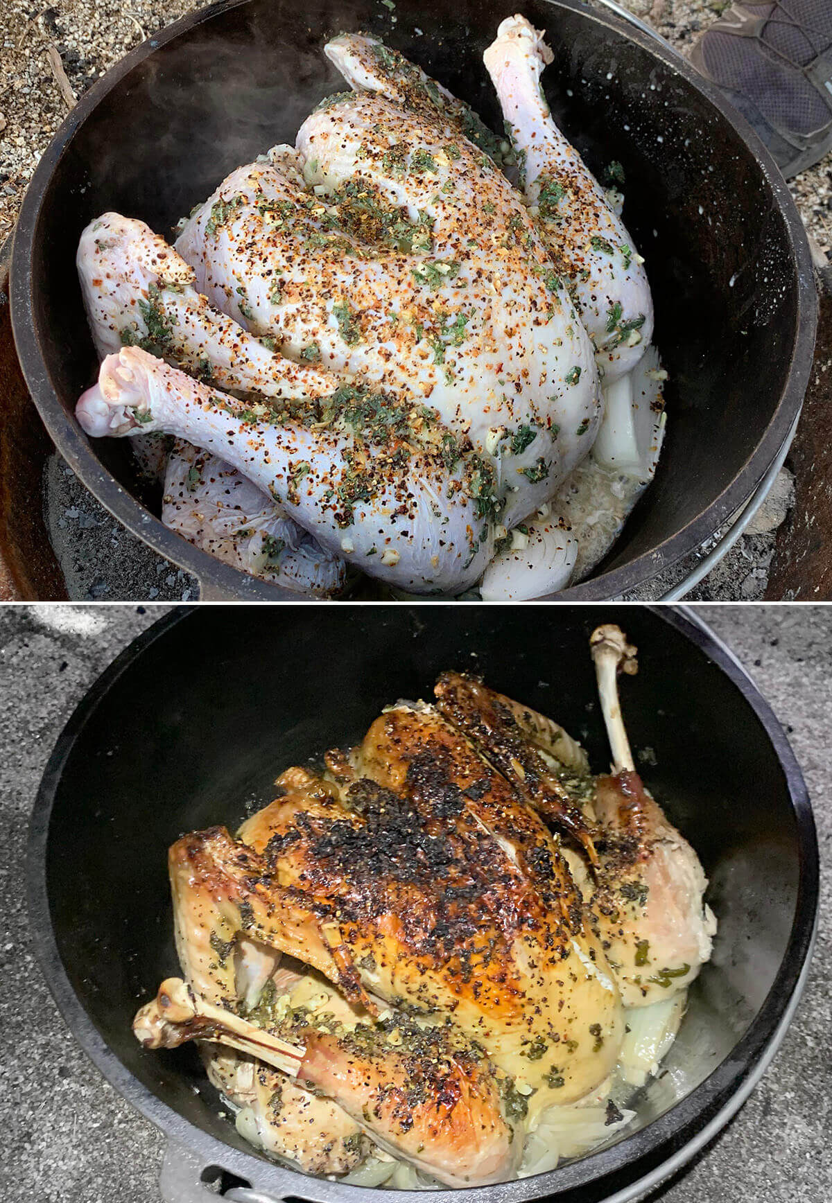 Collage of 2 pics showing a reader's Dutch oven turkey on a camping trip