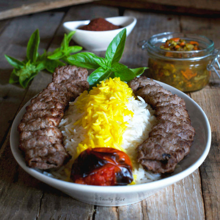 A Plate of Persian Ground Beef Kabob (kabob-e koobideh) with basmatic rice by FamilySpice.com
