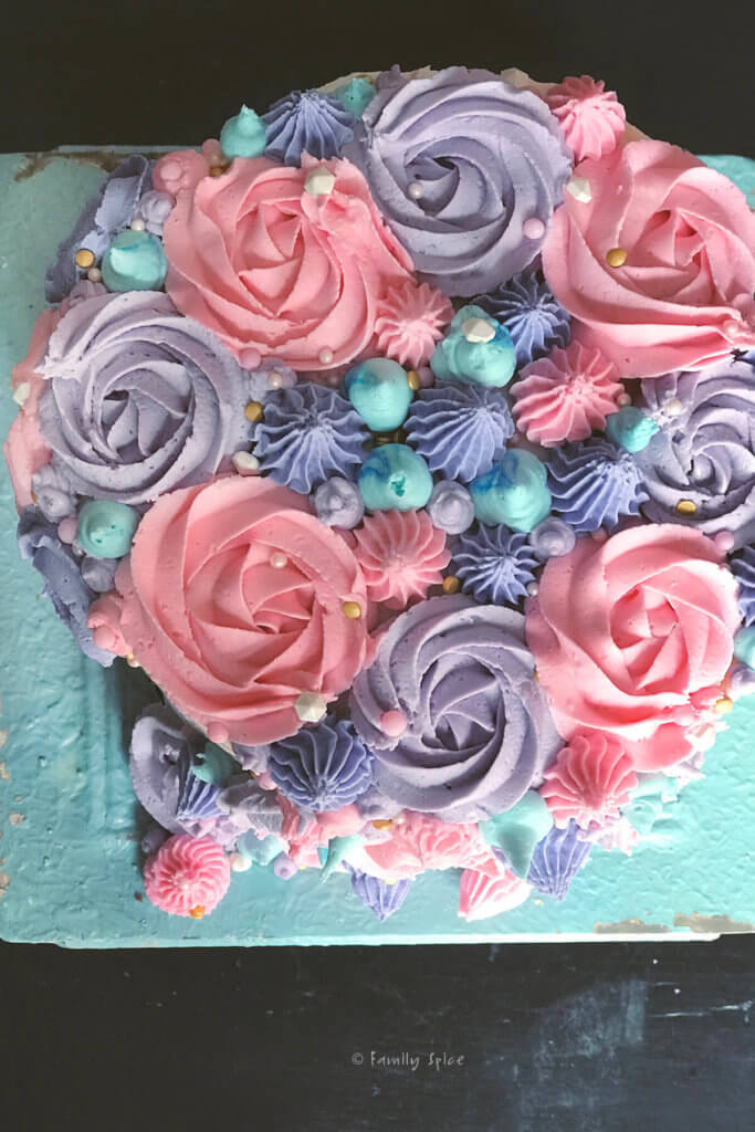 Top view of pink, purple and blue swirls for unicorn cake
