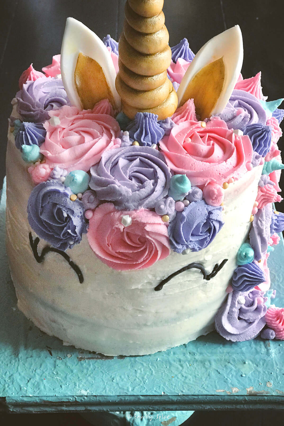 Top front view of pink, purple and blue swirls for unicorn cake