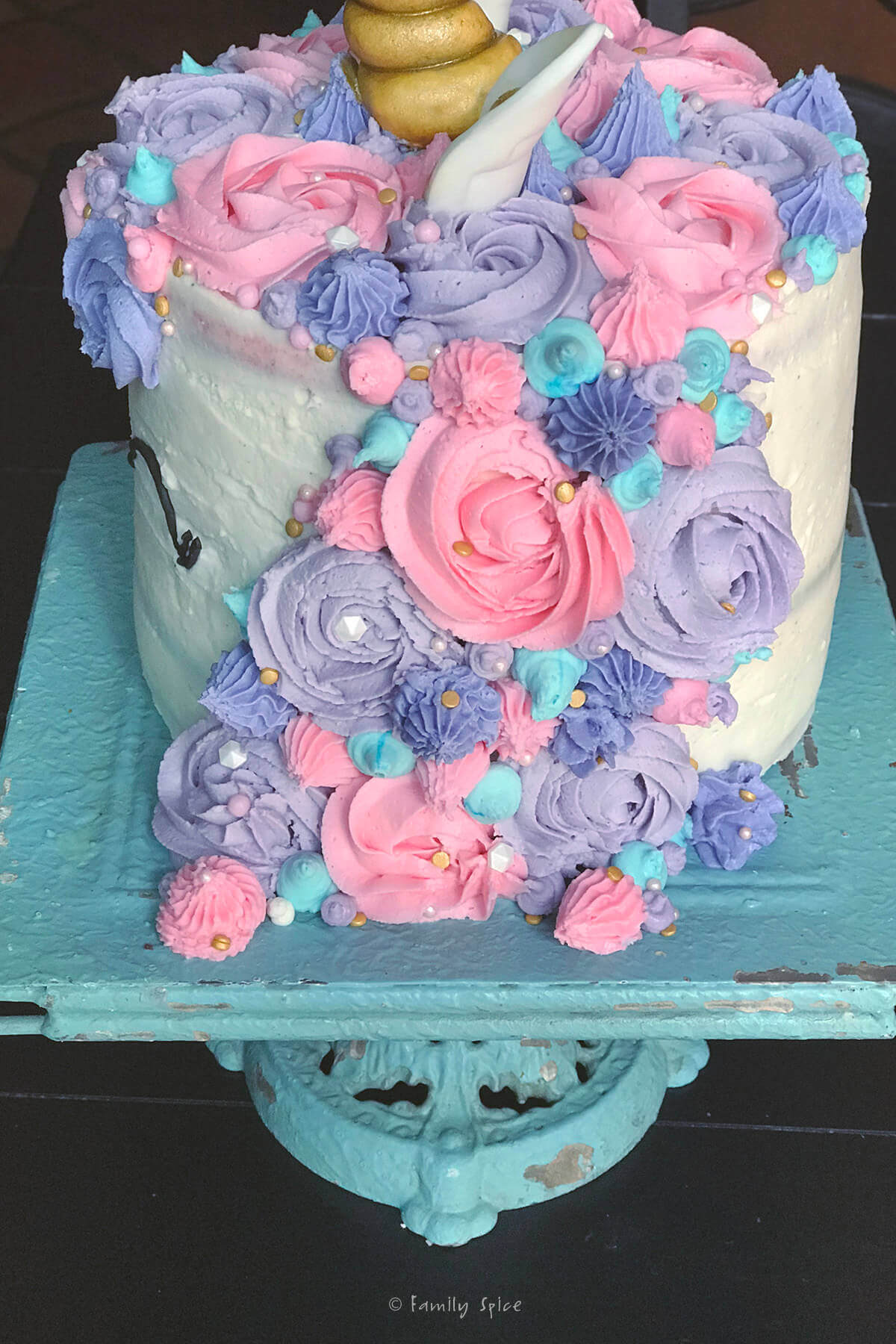 Side view of pink, purple and blue swirls for unicorn cake