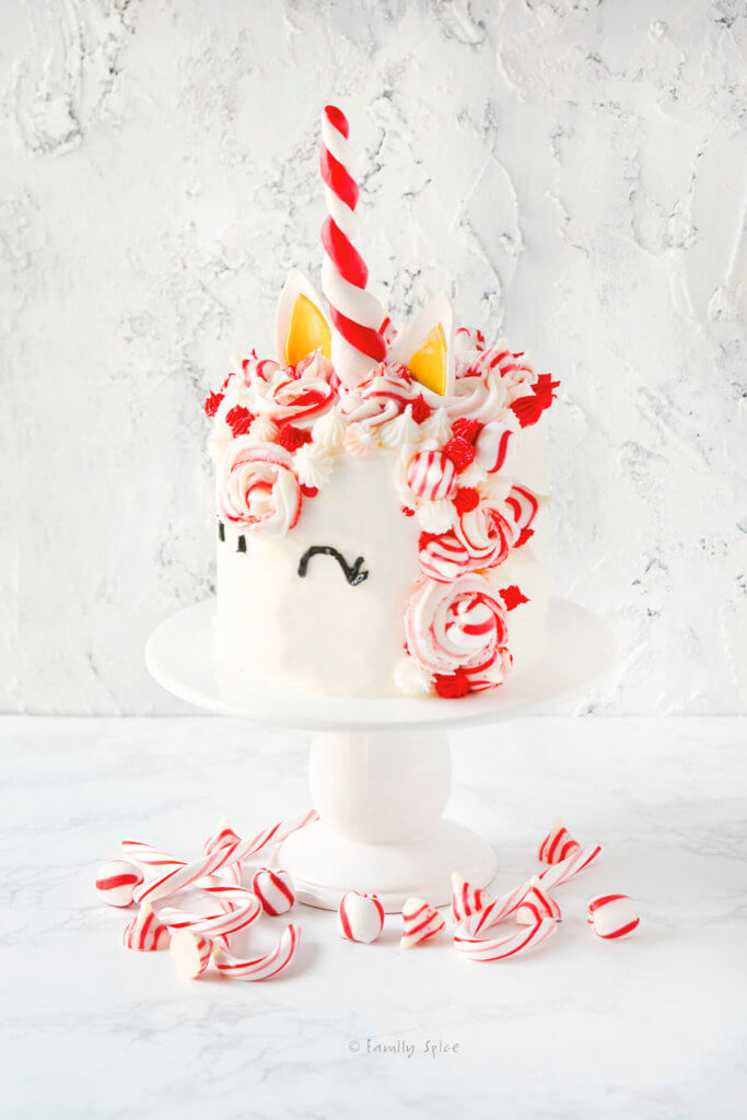 Side view of a chocolate peppermint unicorn cake on a white pedestal