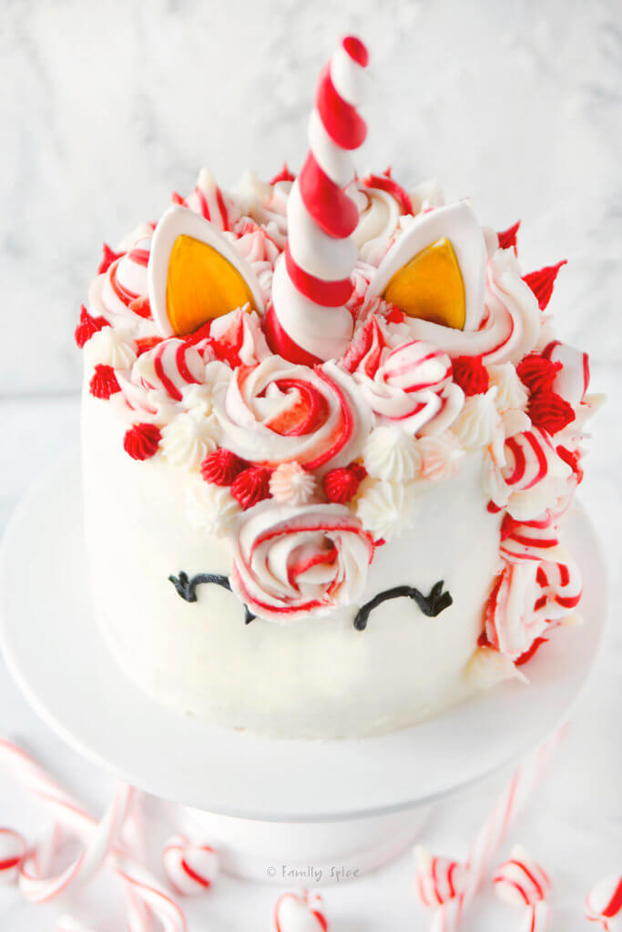 Top view of a chocolate peppermint unicorn cake on a white pedestal