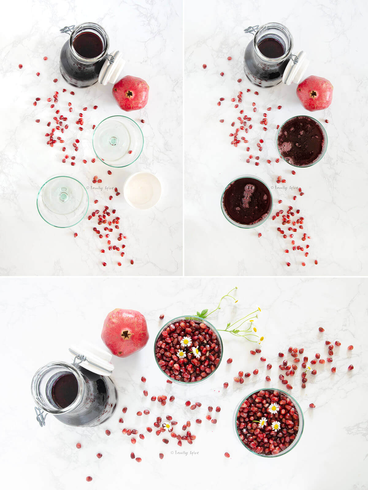 Collage of three images showing how to make pomegranate gelatin.