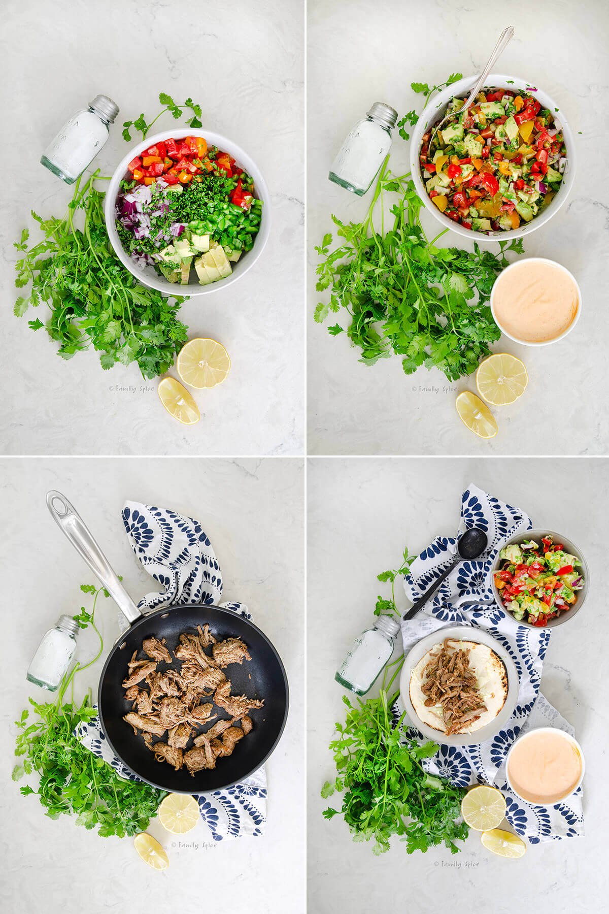 Collage of four pictures showing how to make pulled pork tacos.
