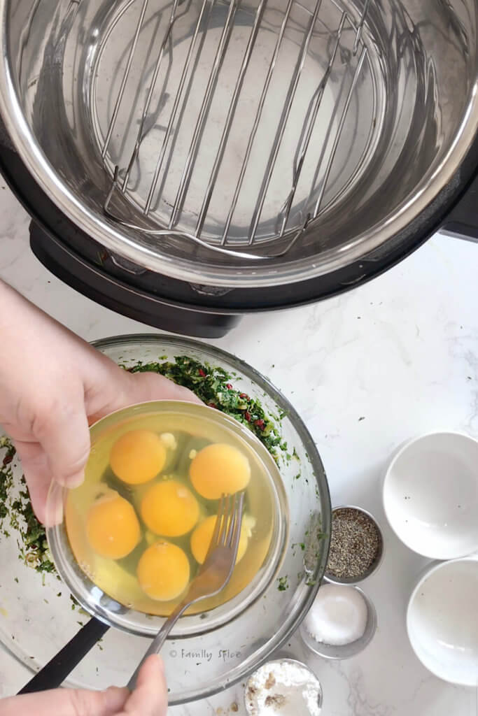 Holding a bowl of eggs ready to be whisked with an instant pot next to it