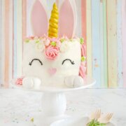 Pinterest image for bunny unicorn cake.