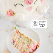 Pinterest image for bunny unicorn cake.