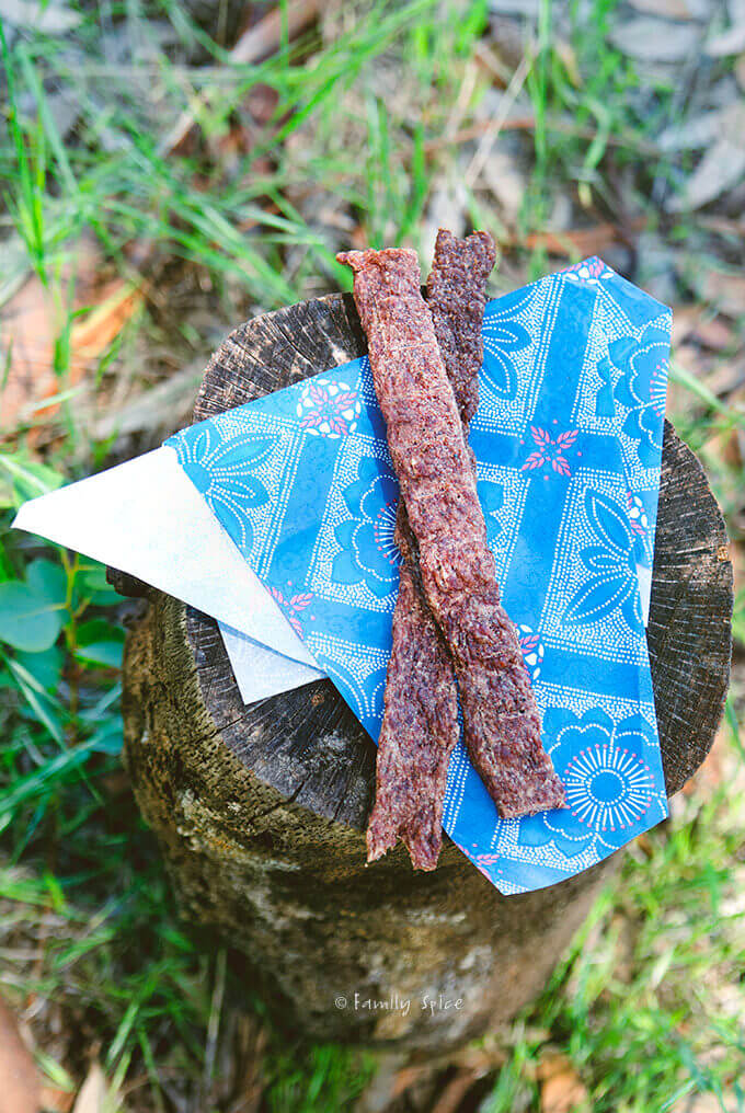 Ground beef jerky strips on blue parchment paper sitting on a log outside by FamilySpice.com