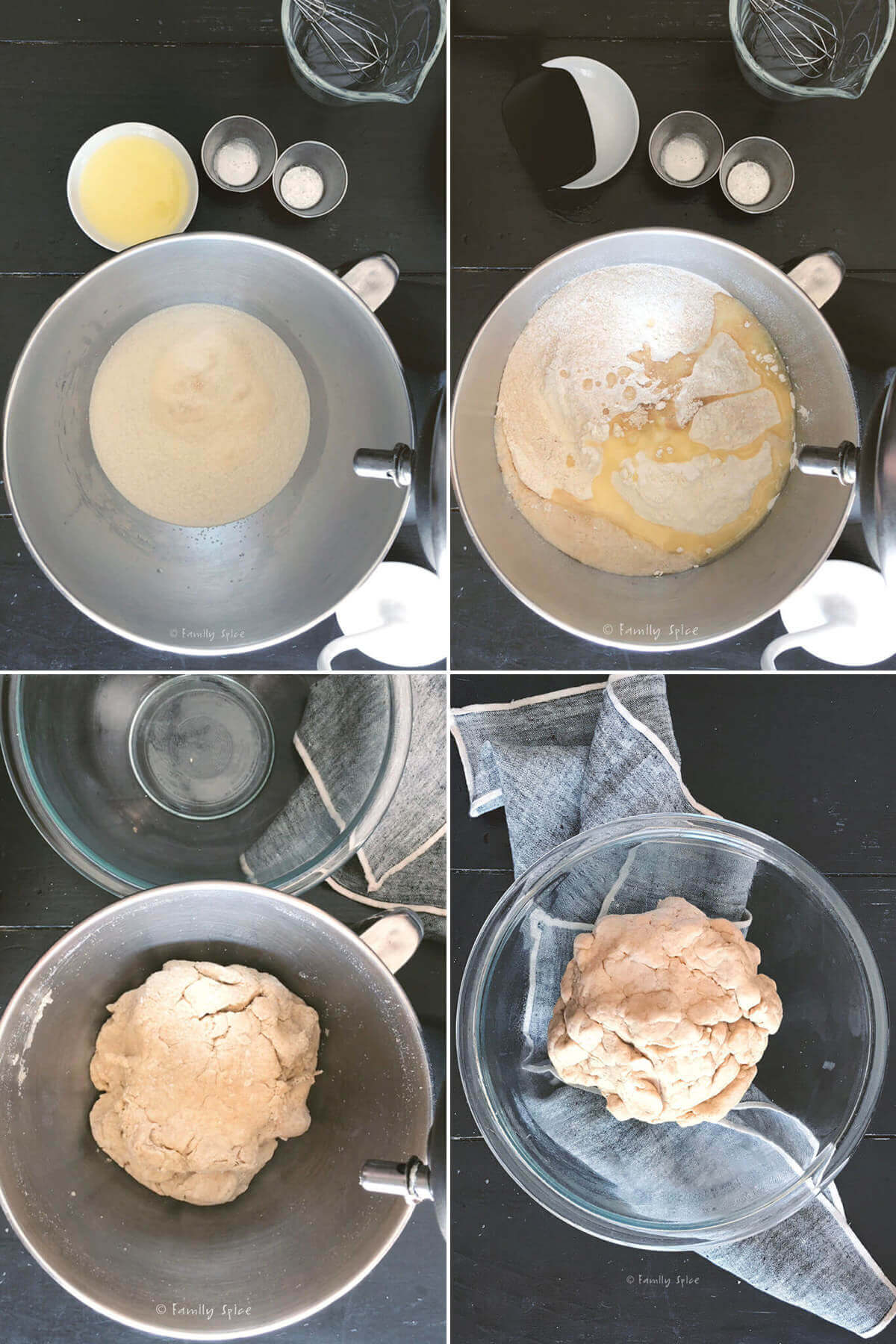 Collage of four photos showing how to make whole wheat pretzel dough.