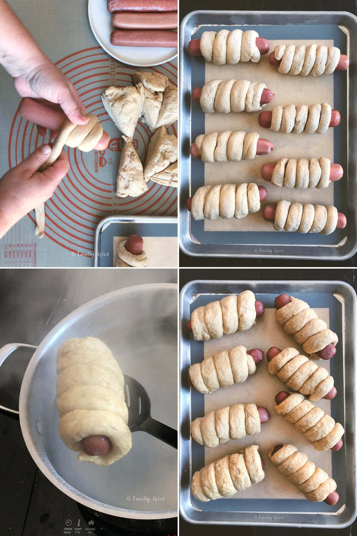 Collage of four photos showing how to assemble and make whole wheat pretzel dogs.