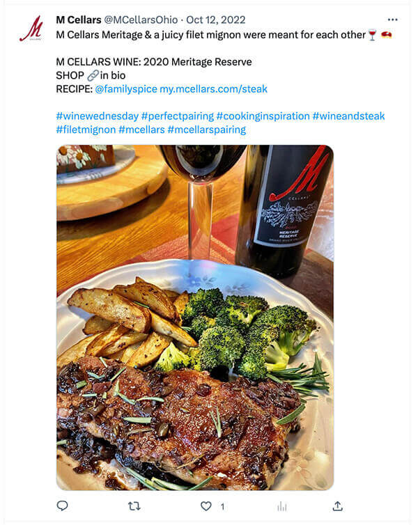 picture of a tweet showing picture of steak with red wine sauce