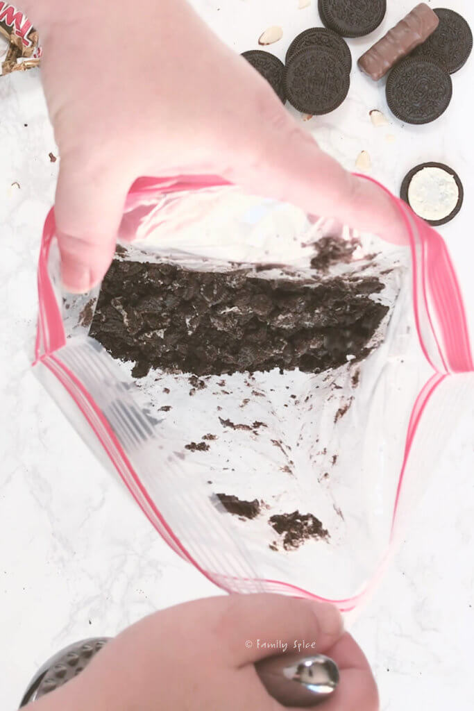 Crushed Oreos in a ziploc bag
