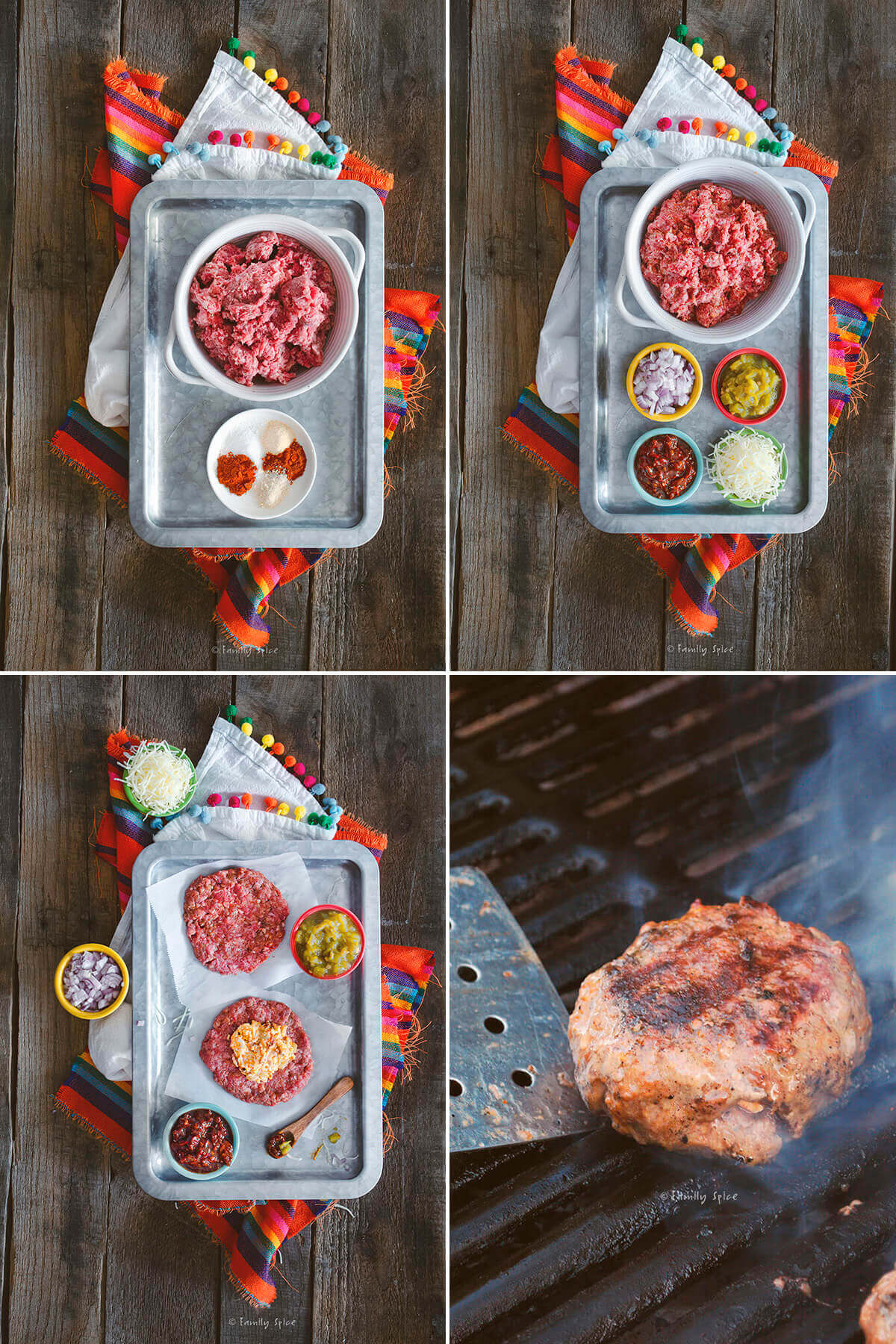 Collage of four images showing how to make queso stuffed burgers.