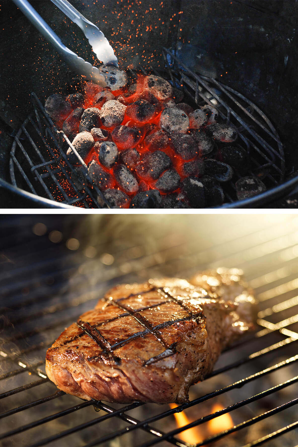 Collage of two pictures with one showing coal embers in a grill and a flat iron steak grilling