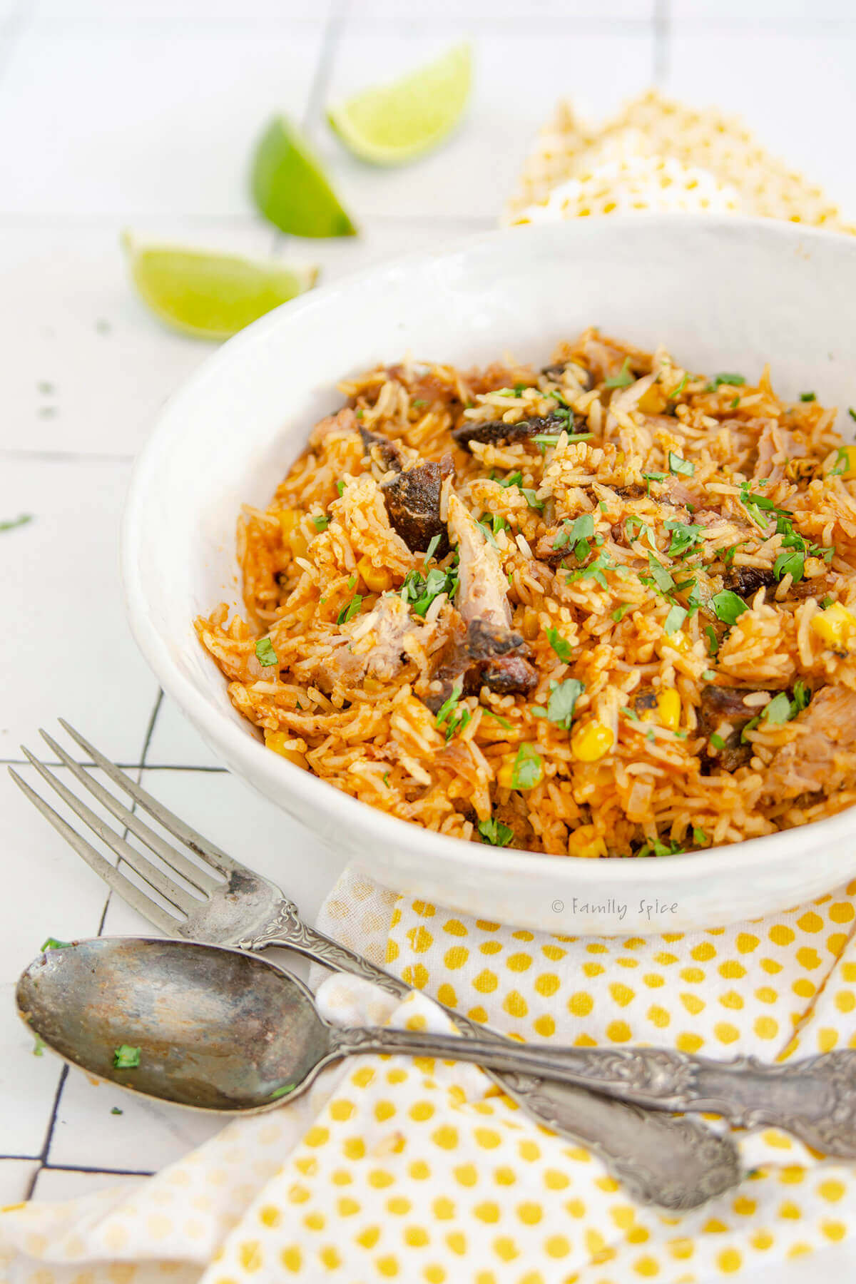 Closeup of a shallow bowl with spanish rice with pulled pork
