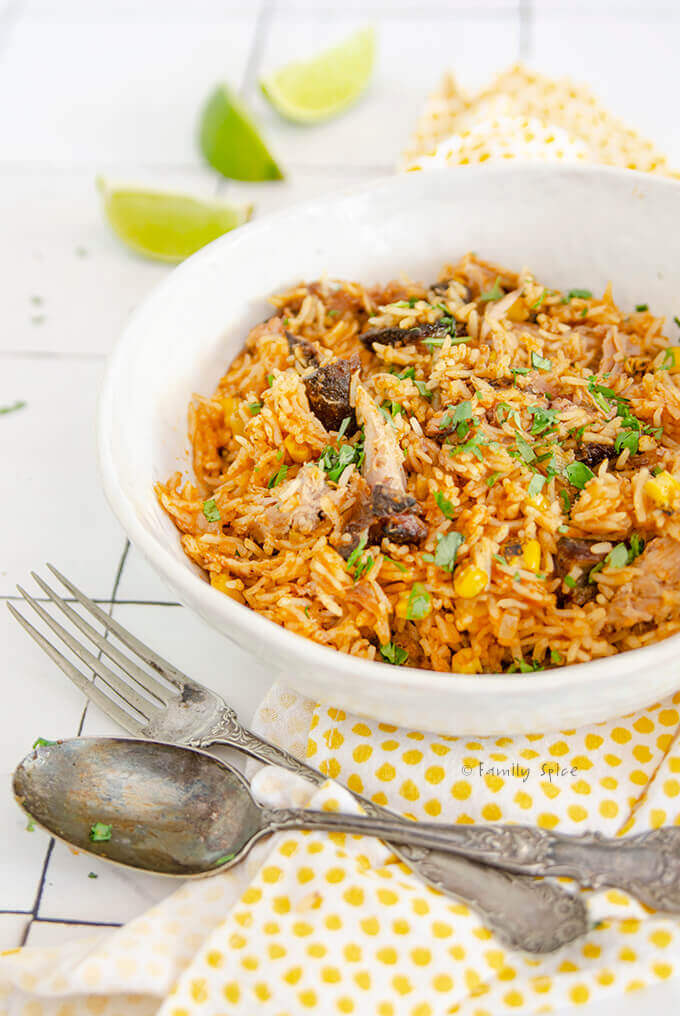 Closeup view of a bowl of Mexican rice with carnitas by FamilySpice.com
