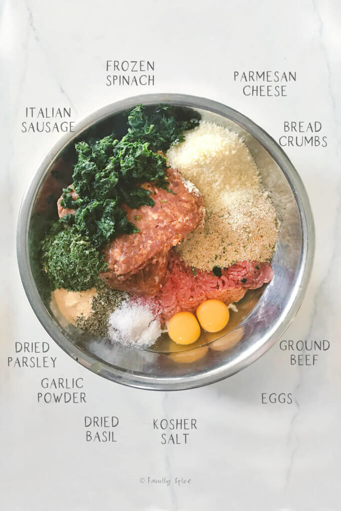 A bowl full of ingredients to make meatballs with text over it