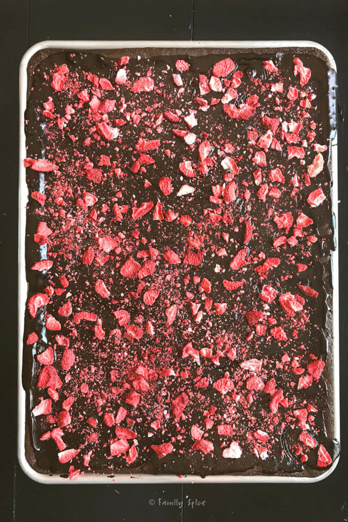 An entire sheet pan chocolate cake topped with freeze dried strawberries