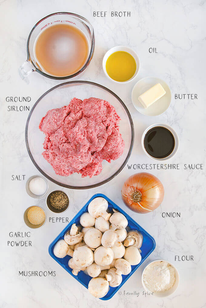 Overhead view of the ingredients needed to make Salisbury steak