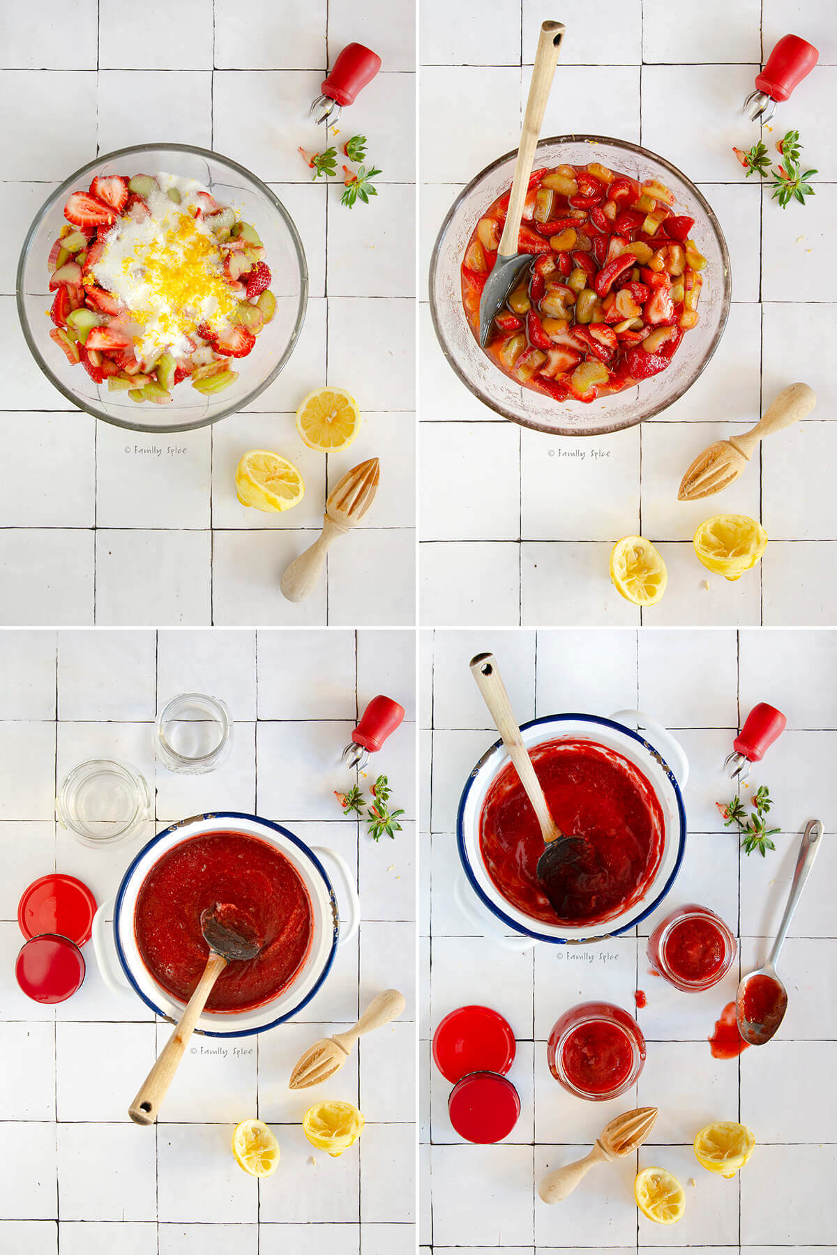 Collage of four pictures showing how to make strawberry rhubarb jam.