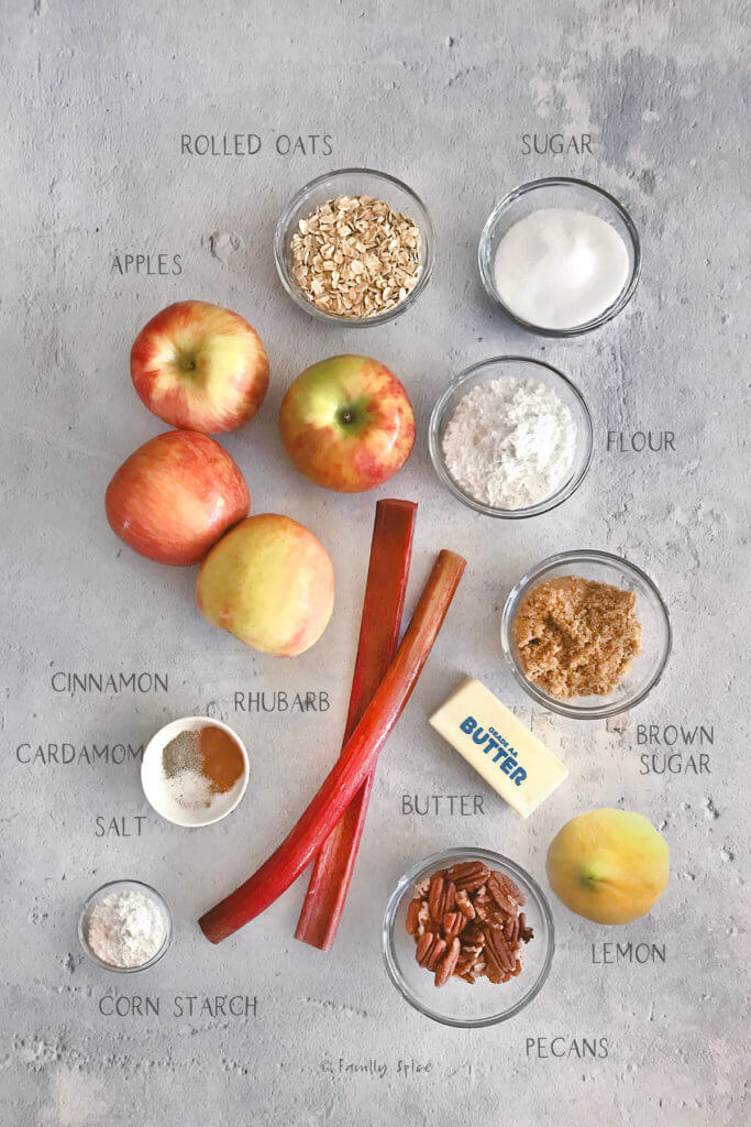 Ingredients labeld and needed to make apple rhubarb crisp