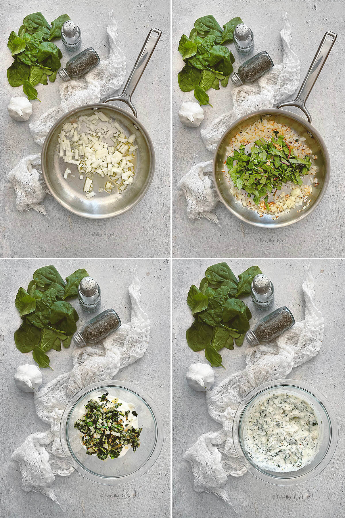 Collage of four pictures showing how to make spinach borani.
