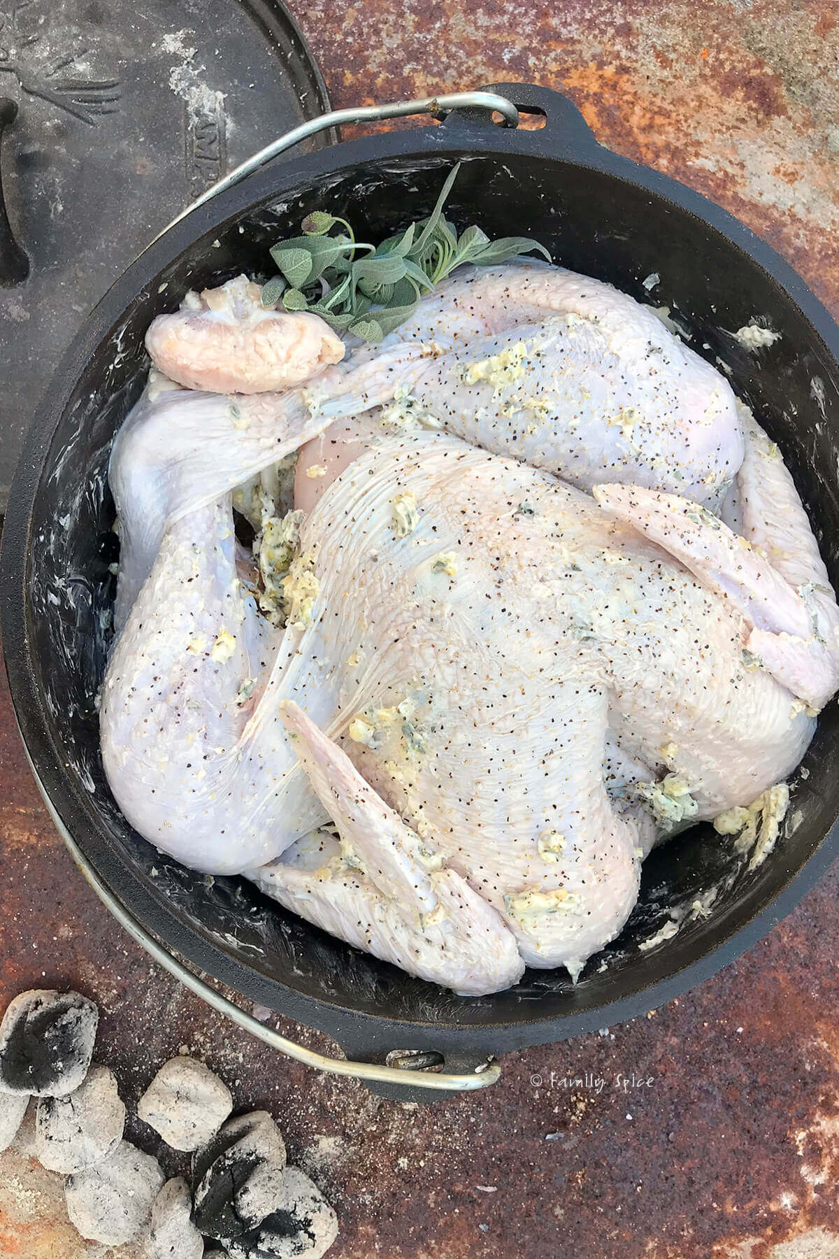 A roast turkey smothered in herb butter ready to roast in a cast iron Dutch oven