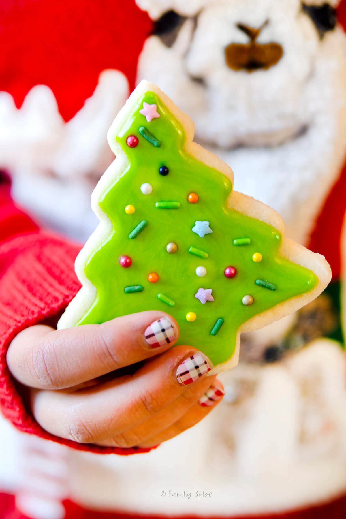 A girl's hand holding a Christmas tree sugar cookie