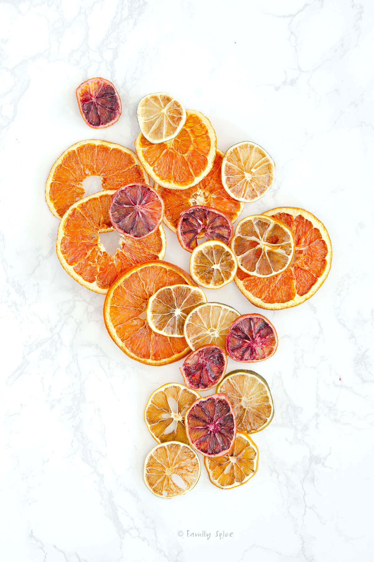 Overhead shot of dried oranges, dried lemons, dried limes and dried blood oranges