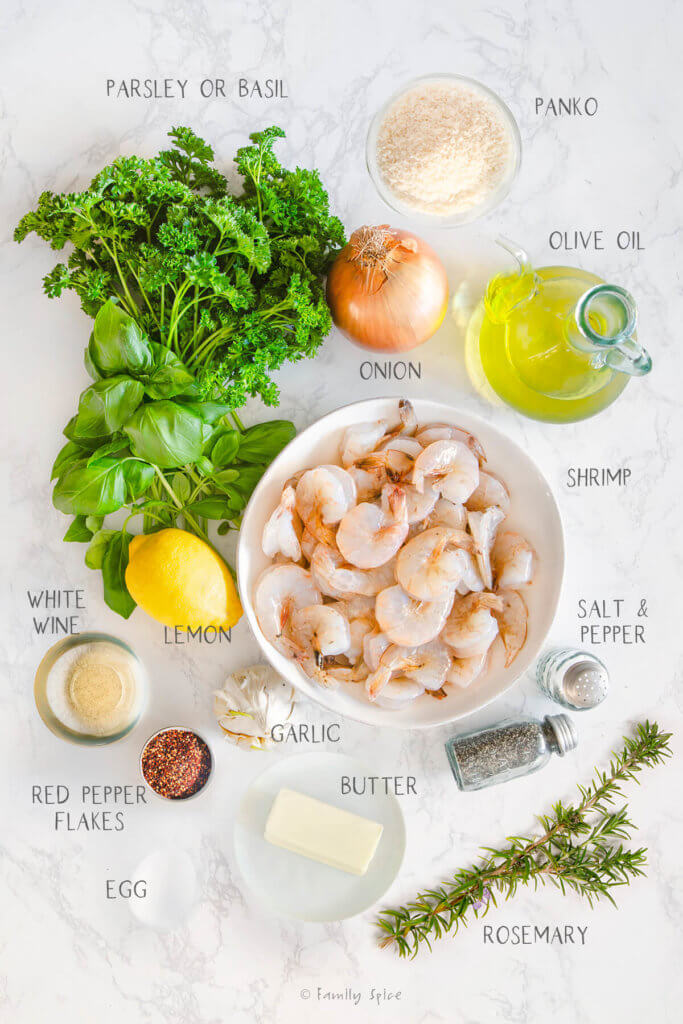 Ingredients labeled and needed to make baked shrimp scampi