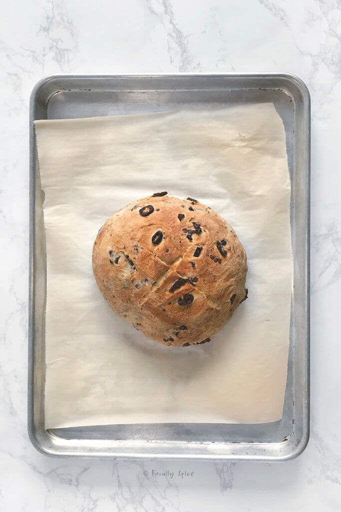 Freshly baked olive bread on a parchment paper lined baking sheet