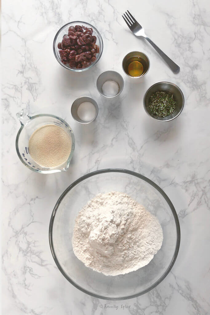 Ingredients needed to make kalamata olive bread