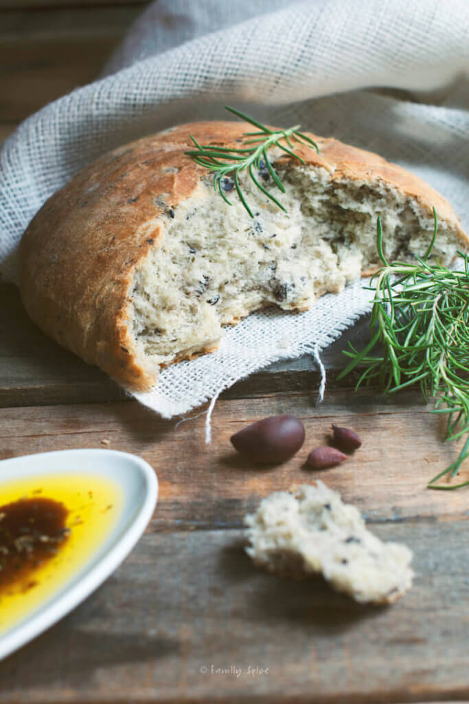 A ripped open loaf of kalamata olive bread with fresh rosemary next to it with a shallow bowl with olive oil and balsamic vinegar